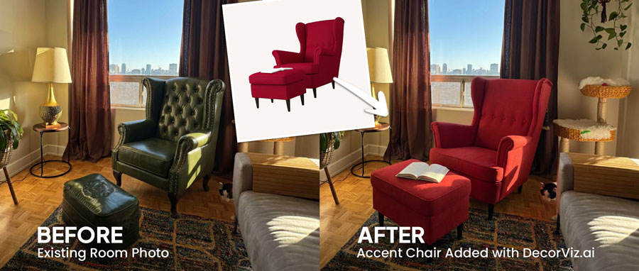 Before and after accent chair preview in a real room