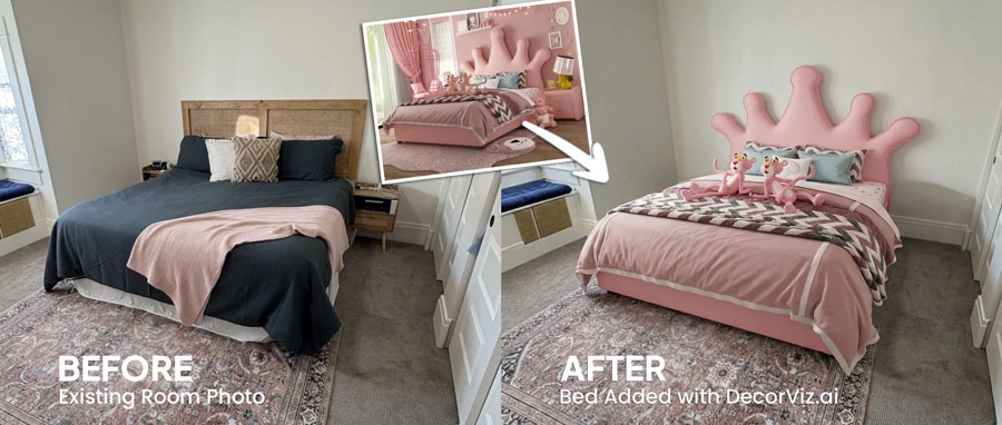 Vorher und nachher Bett-Visualisierung in einem Schlafzimmer