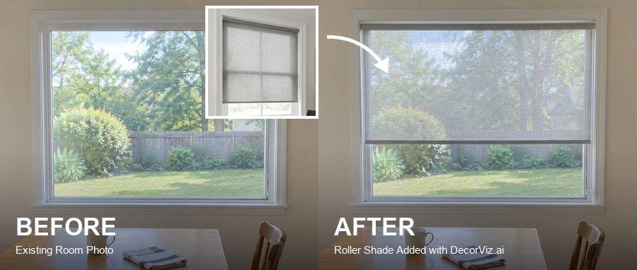 Before and after: a bare breakfast nook window and the same window with a gray roller shade added by DecorViz
