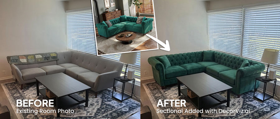 Before and after sectional sofa preview in a real living room