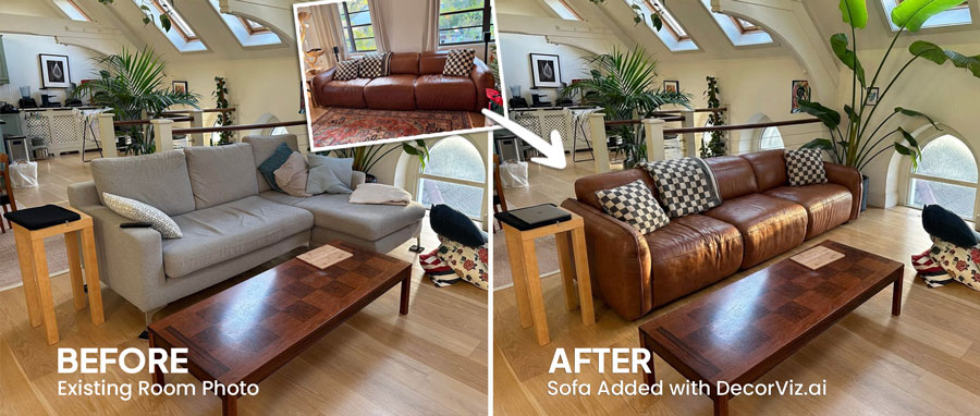 Vorher und nachher Sofa-Visualisierung in einem Zimmer