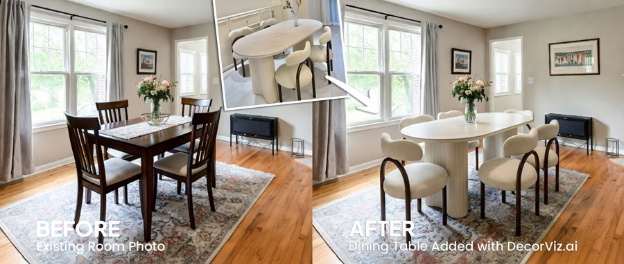 Before and after table preview in a real room using DecorViz AI