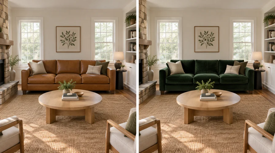 The same living room shown twice with two different sofas, compared side by side