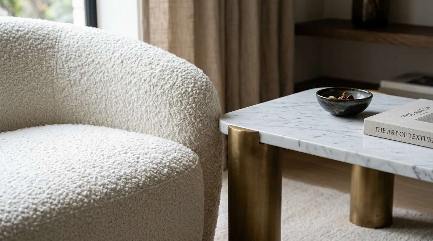 Assise arrondie en bouclé associée à une table basse en marbre et des détails métalliques