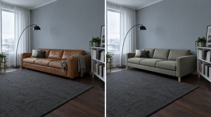 The same grey-blue apartment living room before and after, with a worn tan leather sofa replaced by the sage green sofa from the listing