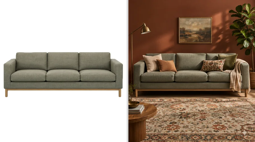 The same sage green sofa shown as a plain catalog photo on a grey backdrop and as a styled lifestyle shot against a deep clay wall