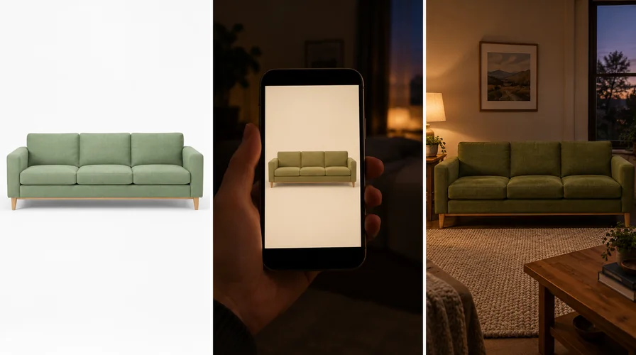 One sage green sofa whose color reads differently in three conditions: clean and cool in a studio listing photo, warmer and yellower on a phone screen at night, deeper and more olive under a lamp in a real living room