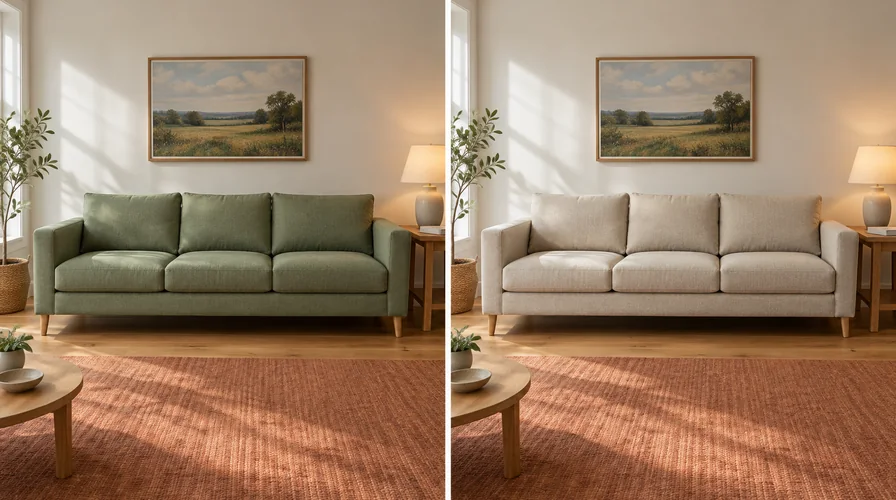 The same living room photographed twice, once with a sage green sofa and once with the identical sofa in warm oatmeal